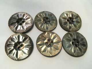 6 Antique Abalone Shell Beautifully Carved 4 Hole Buttons 1 1/4 "