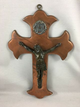 Antique French Wall Crucifix Copper Cross Crown Of Thorns Jesus Corpus