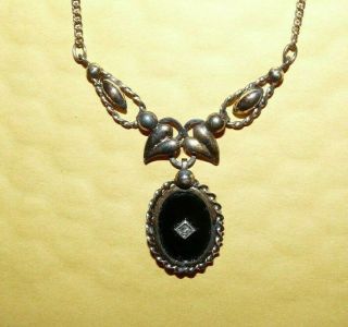 Vtg Antique Victorian 12k Gold Filled W/ Black Onyx & Diamond Lavaliere Necklace
