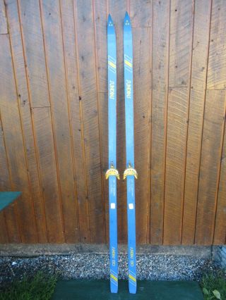 Great Old 80 " Wooden Skis With Blue Finish And Bindings