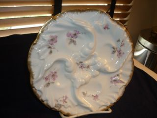 Antique Four Well Oyster Plate/dish/server By Limoges With Pink Flowers