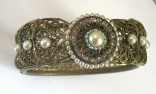 Antique Vtg Victorian Filigree Bracelet Faux Mother Of Pearl Rhinestone