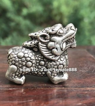 3 Cm Chinese Miao Silver Foo Dog Lion Kylin Unicorn Lucky Animal Amulet Pendant