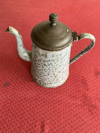 Antique Mottled Grey Enamelware/graniteware Coffee Pot Gooseneck Spout