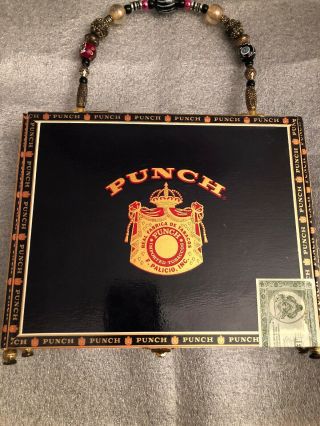 Handmade Antique Rectangle Punch Cigar Box Purse Wooden Handle Custom 10x8”