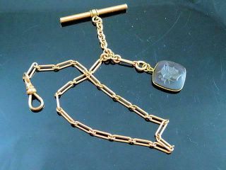 Antique Victorian Gold Filled Long Link Pocket Watch Chain With Intaglio Fob