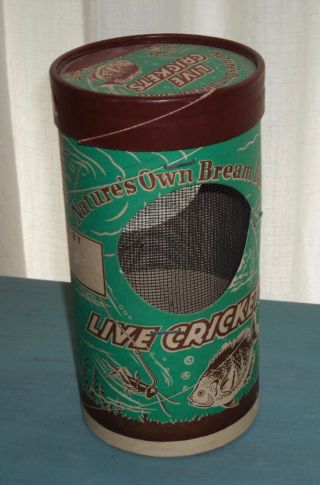 Vintage Live Fishing Bait Cricket Cage Cardboard Cylinder Fish Graphics Display
