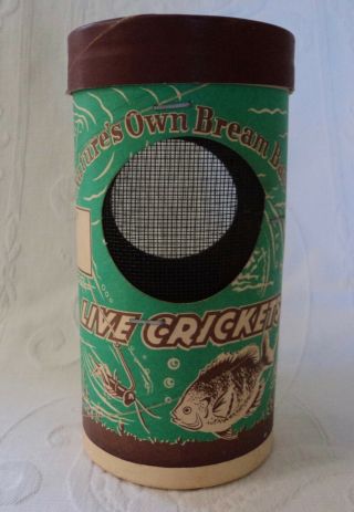 Vintage Live Fishing Bait CRICKET Cage Cardboard Cylinder FISH Graphics Display 2