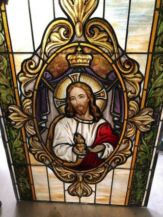 Rare Large Antique Catholic Church Sacred Heart Stained Glass Window 50 X 35