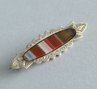 Antique Jewellery.  Silver & Agate Bar Brooch Victorian 1897 (d)
