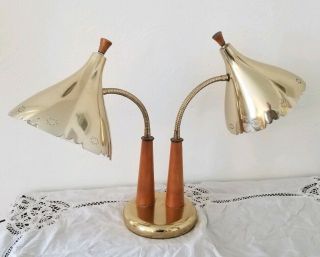 Vintage Mid - Century Atomic Brass & Teak Double Gooseneck Table Lamp