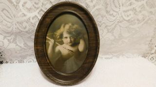 Antique 1897 Framed Cupid Awake Print Metal Oval 8 3/4 X 6 3/4 Print