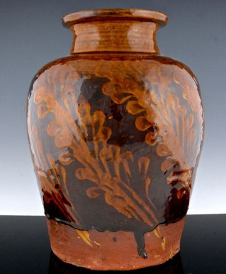 Interestng Large Antique American Glazed Redware Oak Leaf Pattern Vase Lamp Base