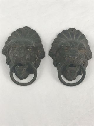 Set Of Two Vintage Brass Lion Head Drawer Pulls Architectural Salvage Antique