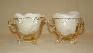 Antique Yellow Glass 3 - Footed Pedestal & Handled Open Sugar Bowl & Creamer Set