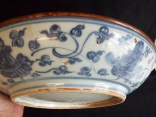 Large antique Chinese blue white porcelain shallow bowl with copper rim. 10