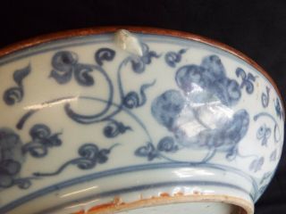 Large antique Chinese blue white porcelain shallow bowl with copper rim. 11