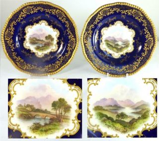 Pair Antique Coalport Porcelain Cabinet Plates Named Scottish / Lake District