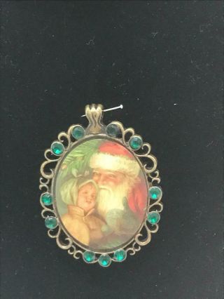 Vintage Antique - Gold - Tone Oval Christmas Pendant Pic Of Santa With Child