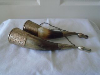 Vintage/antique Decorative Animal Horns With Silver Plate Trim