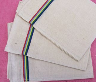 3 Vintage French Linen Metis Torchons Tea Towels Red Blue Green Yellow Stripes