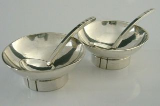 Stylish Solid Modernist Sterling Silver Slat Cellars & Spoons Handmade