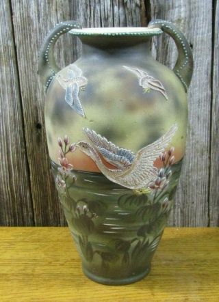 Antique Unmarked Nippon Double Handle Vase With Birds 1880s