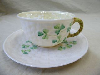 Vintage Belleek Ireland Clover Teacup And Saucer Basketweave Pattern Green Mark