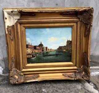 15.  5”x17.  5” Framed Oil Painting Of Venice And Gondolas Antique Style