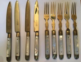 8 Pc Set Stahl Bronce German Cocktail Forks & Knives Brass Mop Vintage Antique