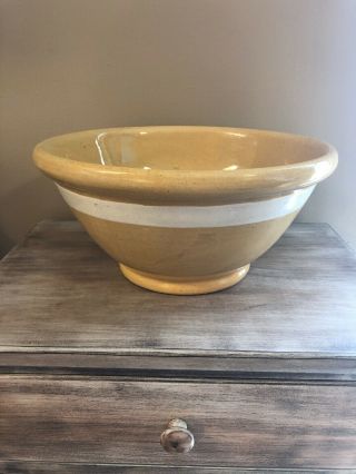 Large Antique Yellow Ware White Banded Mixing Batter Primitive Bowl 1800’s