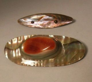 2 Antique Red Abalone Shell Pin Pins Oval C Clasp Large Iridescent