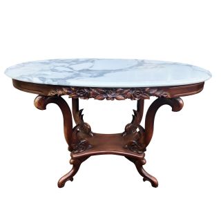 Antique Heavily Carved Mahogany Victorian Marble Top Entry Table