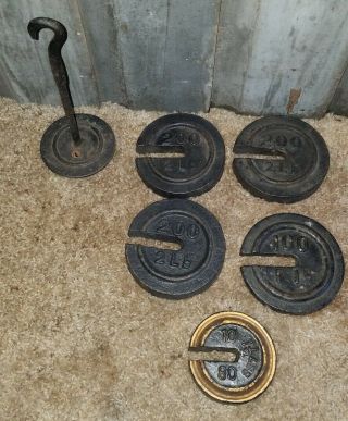Set Of 5 Antique Vintage Slotted Cast Iron Farm Scale Platform Weights Hanger