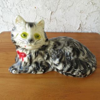 Vintage Antique Chalkware Cat Black White Gray Red Bow Sitting Carnival Prize
