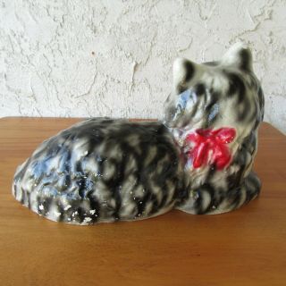 Vintage Antique Chalkware Cat Black White Gray Red Bow Sitting Carnival Prize 5