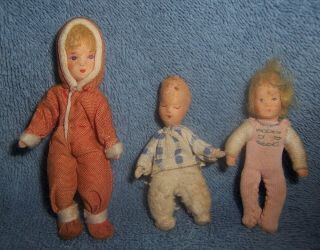 3 Vintage Erna Meyer Cloth Doll House Dollhouse 2.  5 " Baby 3.  5 " Child In Snowsuit