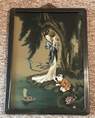 Antique Vintage Chinese Reverse Glass Painting A Lady With Boy