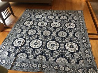 Antique Indigio Blue And White,  Loom Woven Coverlet