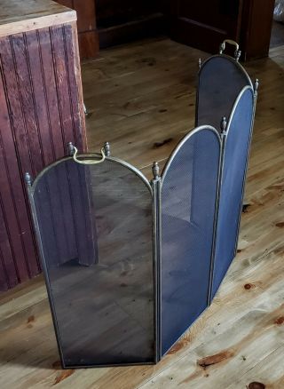 Vintage Arched Brass Steel 4 Fold Fire Place Screen 32 " High
