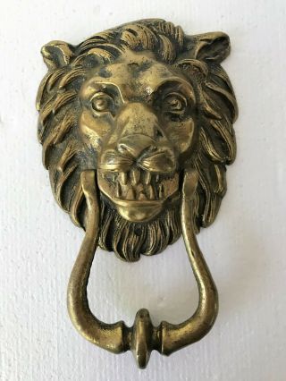 Vintage Brass Door Knocker Lion Head Bearing Teeth 8 1/2 " Tall