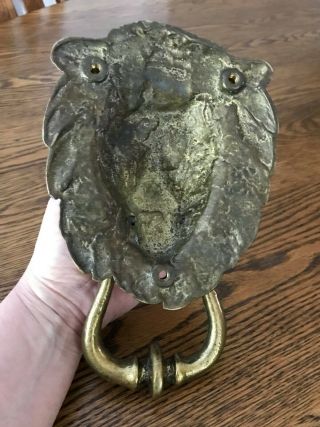 Vintage Brass Door Knocker Lion Head Bearing Teeth 8 1/2 