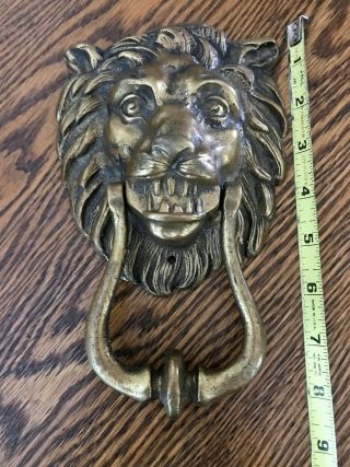 Vintage Brass Door Knocker Lion Head Bearing Teeth 8 1/2 