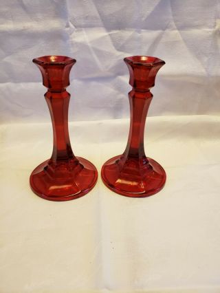 (set Of 2) Vintage Translucent Red Glass Taper Candle Stick Holders