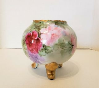 Vintage Footed Globe Porcelain Vase H Painted Roses Gold Gilt Artist Signed
