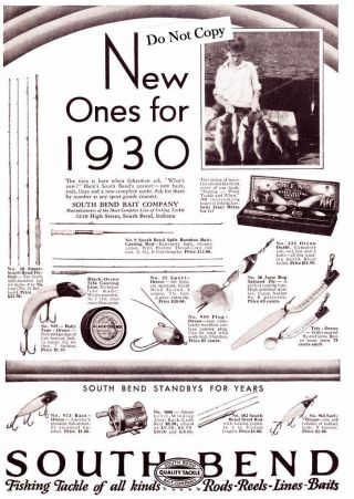 1930 Vintage Ad South Bend Fishing Tackle Rods Reels Baits Bass Oreno More