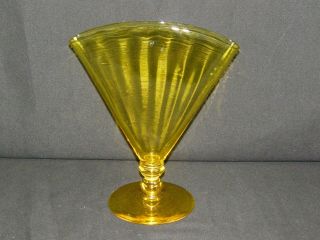 Antique Carder Era Steuben 6287 Bristol Yellow Art Glass Ribbed Fan Vase 8 1/4 "