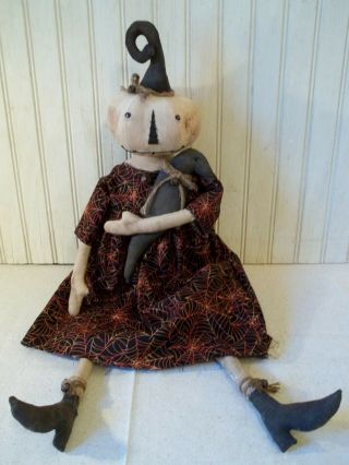 Primitive Grungy White Pumpkin Lady Halloween Doll & Her Black Crow