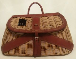 Vintage Fishing Creel Basket Made In British Hong Kong Leather Wicker Tackle Box