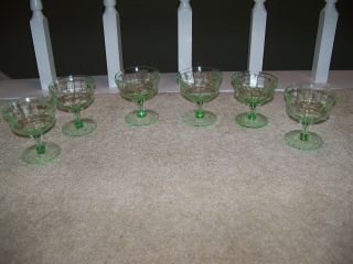 6 Antique Depression Glass Etched Glasses Long Stem Sherbet Vaseline Green